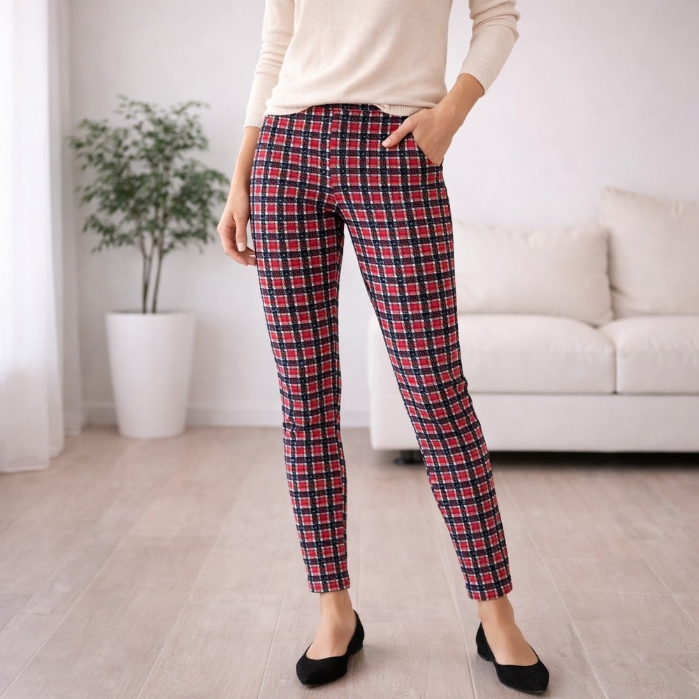 Plaid Skinny Pants Womens S Red Black Check Stretch Pull On Career Casual